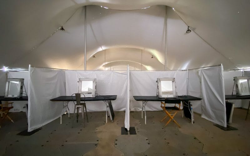 Film base camp infrastructure setup for UAE production Abu Dhabi desert location