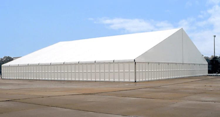 Labour rest tent installed at Dubai construction site - white PVC tent for rent with AC units and worker shade by Mahraj Industries